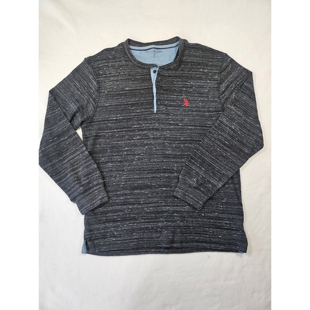 US Polo Assn Mens Henley Shirt XL Charcoal Space Dye Thermal Knit Long Sleeve